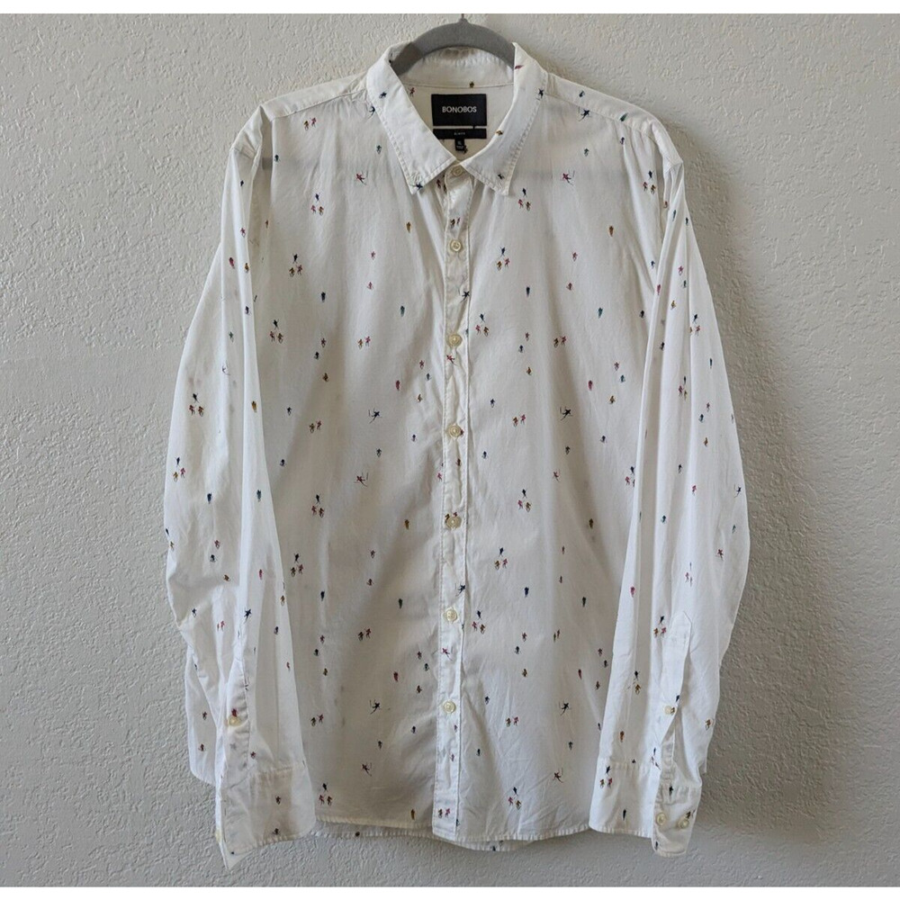 Bonobos Mens XL Skiers Print White Button Down Long Sleeve Slim Fit Shirt